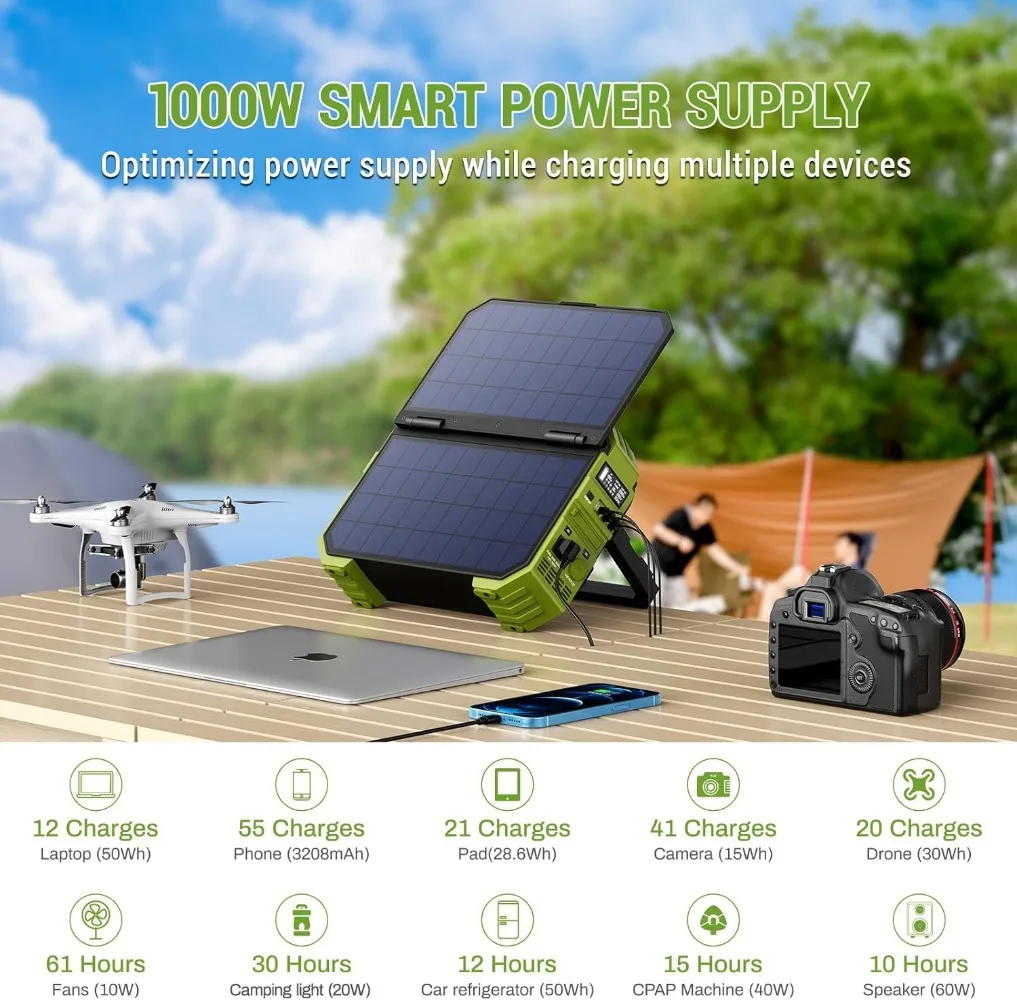 Portable Power Station 1000W with Built-in Solar Panel, 614WH/192000mAh LiFePO4 Battery Pack, Solar Generator with AC/DC 5