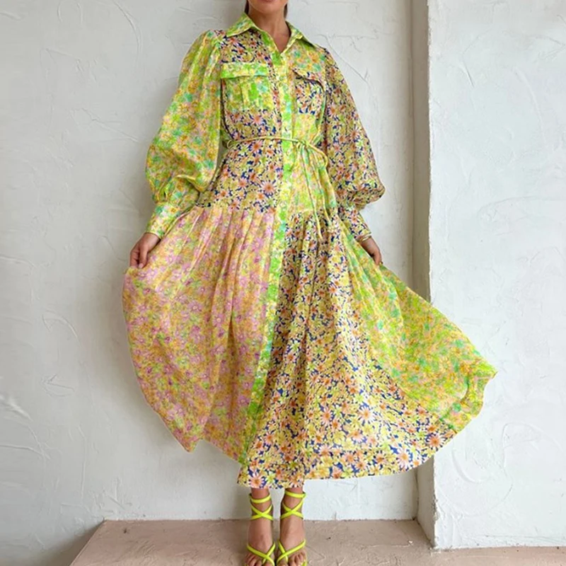 

New Autumn Spring Commute A-line Dress Elegant Lapel Lantern Sleeve Shirt Dress Fashion Floral Print Lace-Up Pleated Party Dress