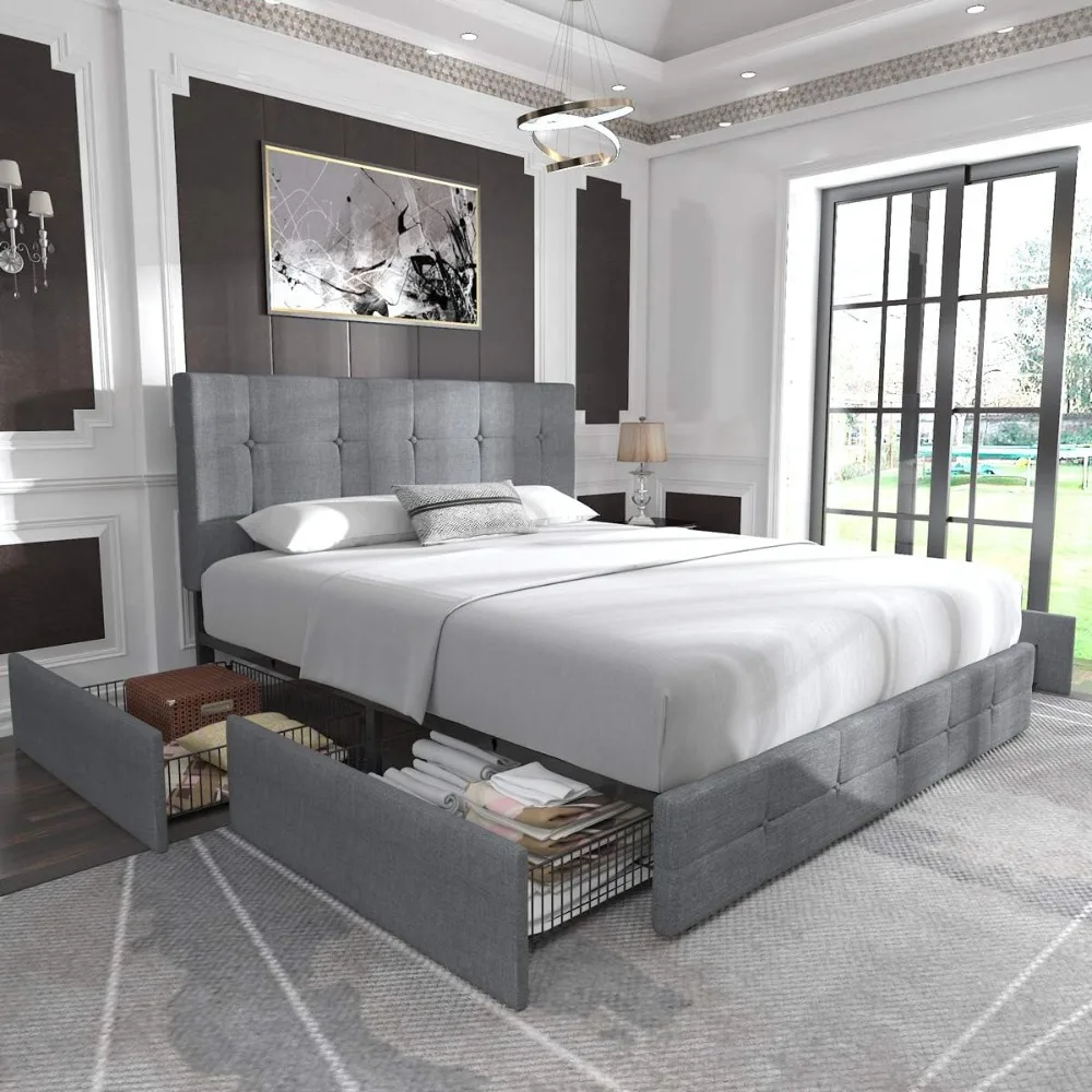

Allewie Upholstered Queen Size Platform Bed Frame with 4 Storage Drawers and Headboard, Square Stitched Button Tufted