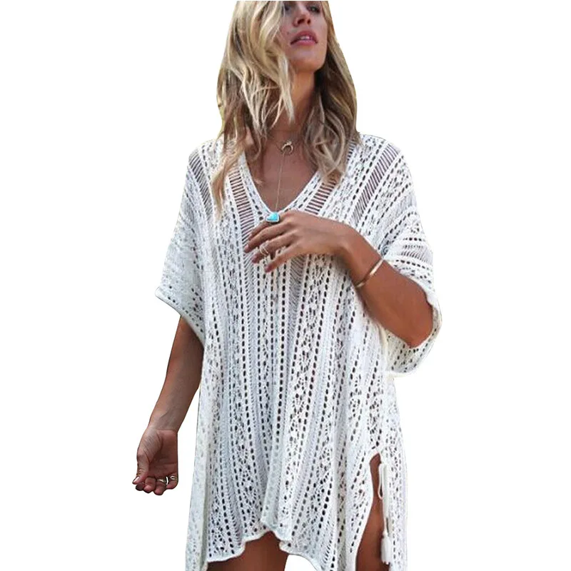 Sunscreen Blouse Swimsuit Women's Beach Handmade Crochet Hollow Blouse Sunscreen Clothing Knitted Swimsuit Beach Cover Up bathing suit with matching cover up