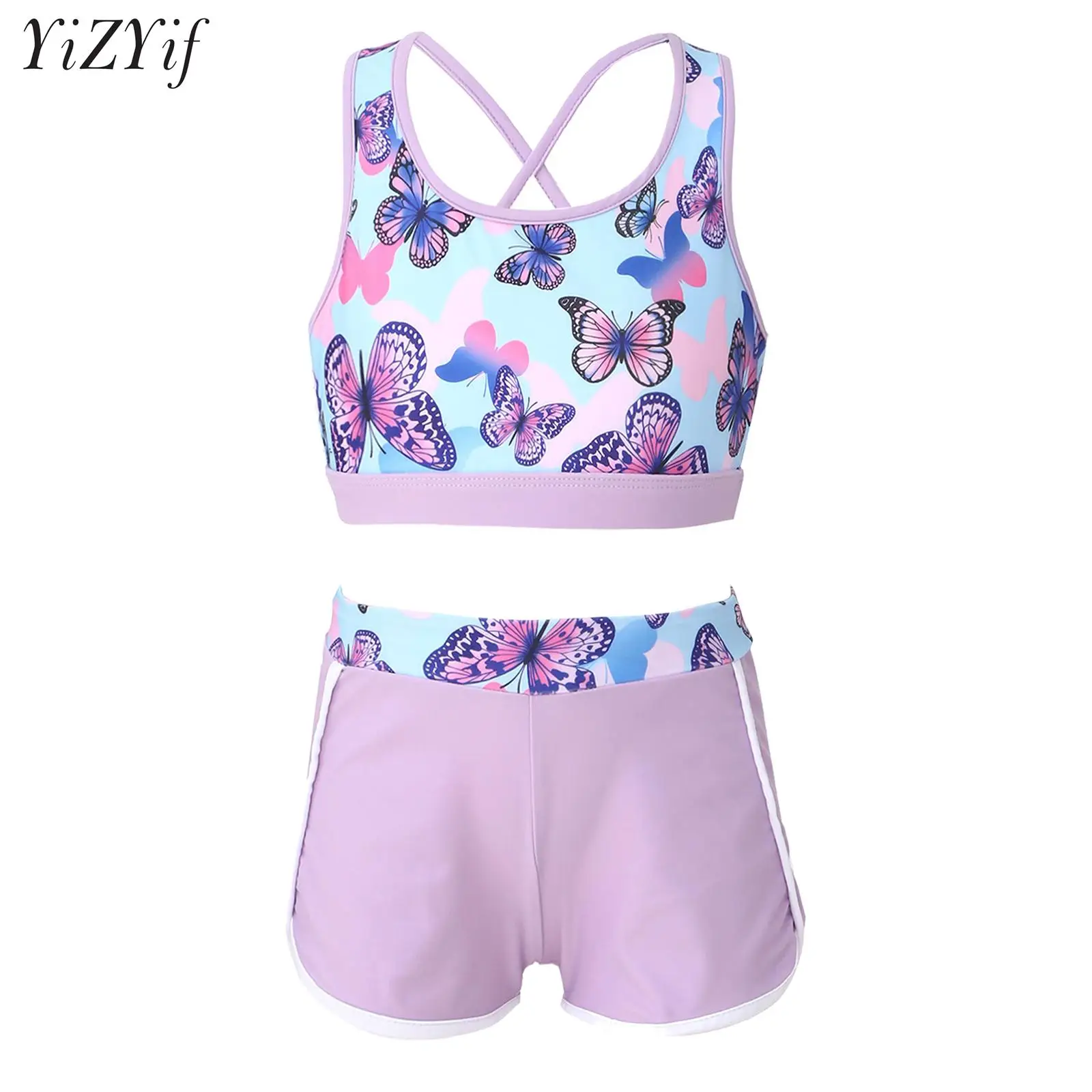 

Kids Girls Two Piece Crop Tank Tops Swim Shorts Tankini Swimsuit Outfit Pool Swimming Bathing Suit Beach Games Sport Swimwear