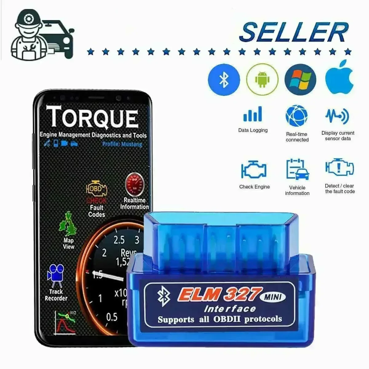 OBD 2 ELM327 Car Detector Bluetooth-compatible Interface V2.1 V1.5 OBD2 II Diagnostic Tool ELM 327 Work for Android Torque/PC 3