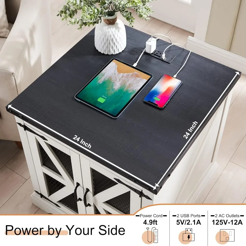24" Farmhouse End Table - Rustic Wood Sofa Side Table with Charging Station, Mesh Barn Door & Adjustable Storage Shelf 3