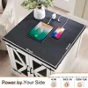 24" Farmhouse End Table - Rustic Wood Sofa Side Table with Charging Station, Mesh Barn Door & Adjustable Storage Shelf 3