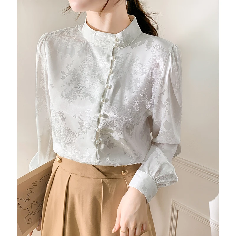 Vintage Blouses Stand Collar Women Shirt  Bead White Shirt Women Long Sleeve Blouse Womens Tops Elegant Printed Shirts for Women