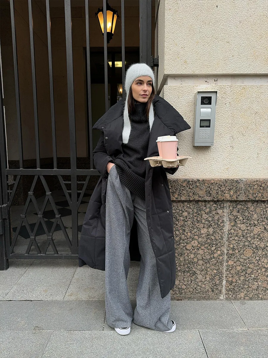 Winter Female Parkas Outwear Loose Lace-Up High Waist Long Sleeve Pocket Lapel Bandage Coat For Women Solid Parkas