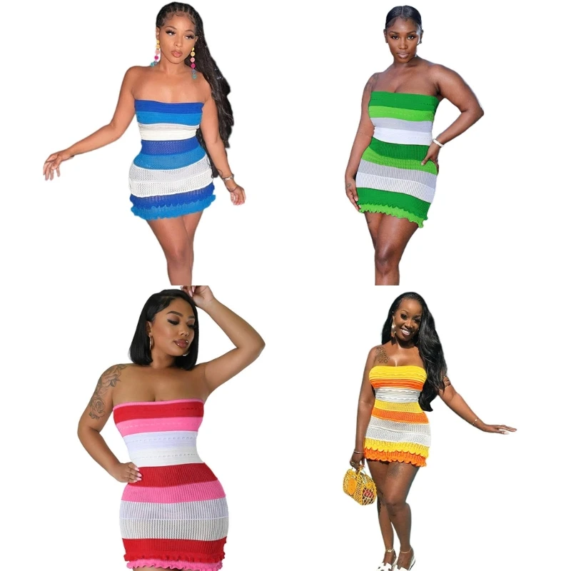 

Lightweight Package Hip Knit Stripe Dress Woman Bodycon Dress Fashion Strapless Spring Ladies Nightclub Party Dresses N7YD