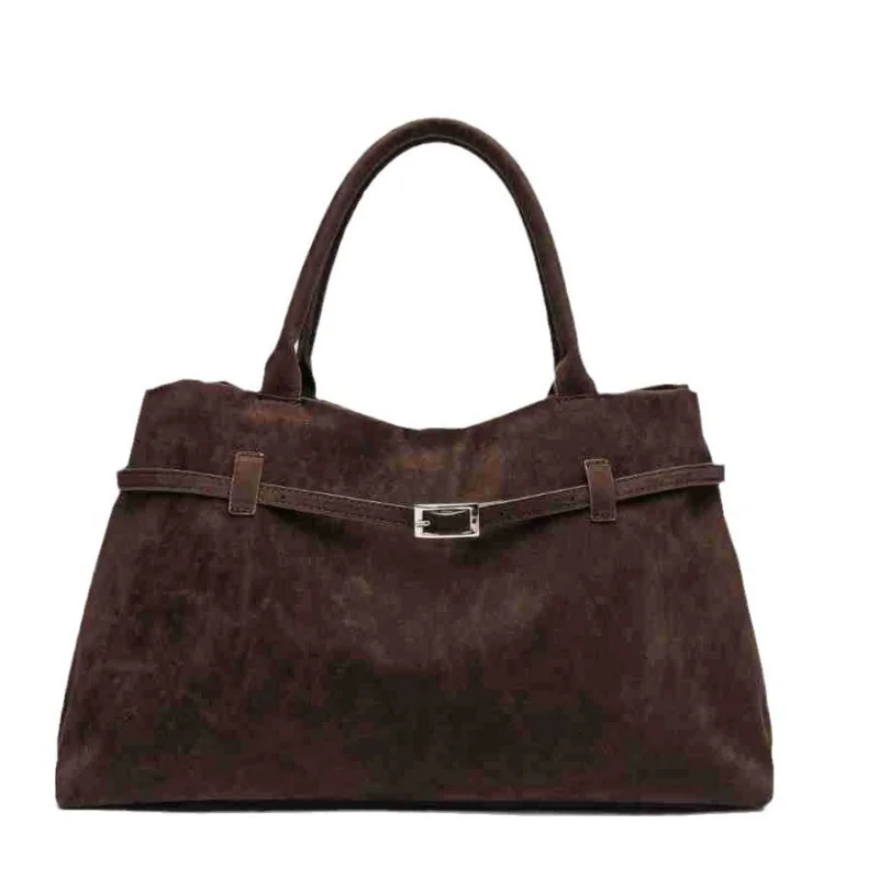 Vintage Suede Handbag Brown Matte Finish Classic Tote with Lock Design Large Capacity Commuter Bag for Women