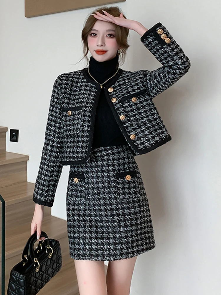 

Женский твидовый комплект из двух предметов, винтажный однобортный приталенный шерстяной пиджак и мини-юбка, офисный костюм для осени и зимы