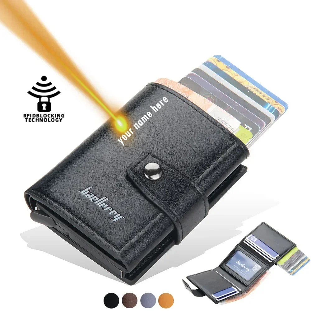 Personalized Men's Aluminum Card Holder - RFID Blocking PU Leather Wallet - Engraved Name for Credit/Bank Cards & ID Protection