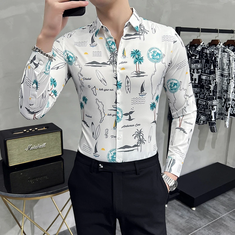 

Men's Slim Fit Long Sleeve Dress Shirt Spring Man Vintage Hawaii Style Print Social Shirts Luxury Fashion Casual Streetwear