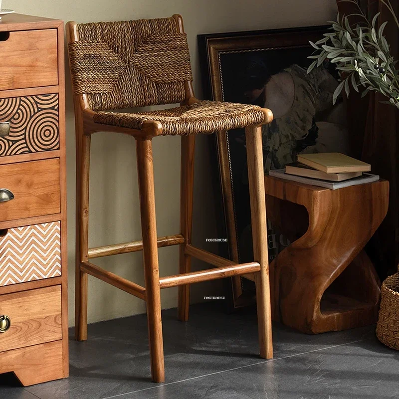 Home Rattan Solid Wood Bar Chairs Nordic Kitchen Island Dining Chair High Stool Designer Retro Back Stool European Bar Furniture