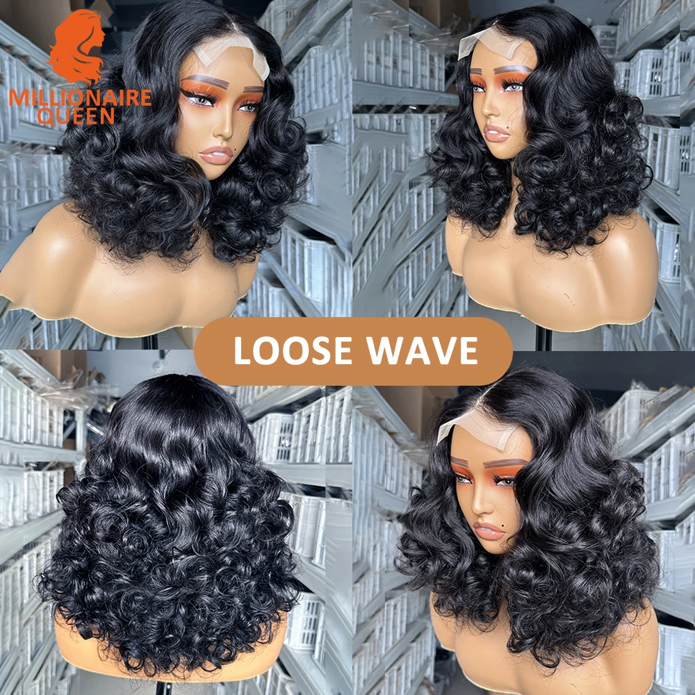 Bouncy Loose Wave Super Double Drawn Vietname Hair 4x4 Bob Wig with Human Hair Nature Black 250% Density for Black Women