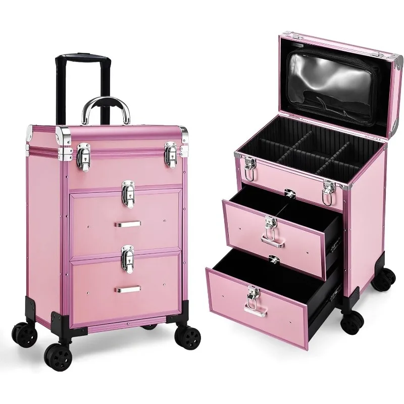 

Makeup Train Case with Drawers, Large Cosmetic Trolley with Locks,Make Up Case for Travel Makeup/Nail Art/Hair Styling