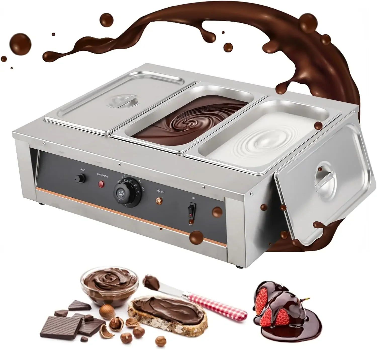 Tempering Machine-4.12 QT*3 Tanks, Temp Control 86~185℉, 1500W Stainless Steel Electric Commercial Food Warmer for C