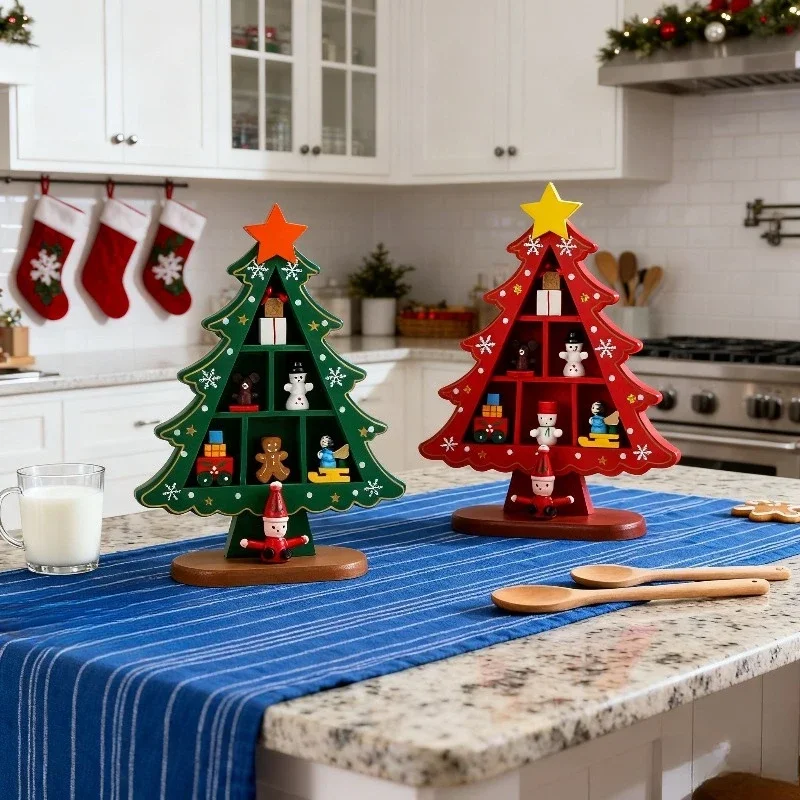 1Set Wooden Christmas Tree Shaped Desktop Ornament with Base, Christmas Tree Crafts, Christmas Decorations