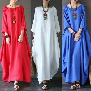 Plus Size Loose Linen Long Dress New Hot Sale Of The Season Cross-Border Wish Bestseller Maxi Skirt Knitted Princess Sleeve