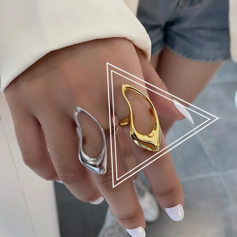 Hollow Teardrop Statement Ring for Women Girls Gold Plated Fashion Geometric Simple Adjustable Open Rings Party Holiday Jewelry