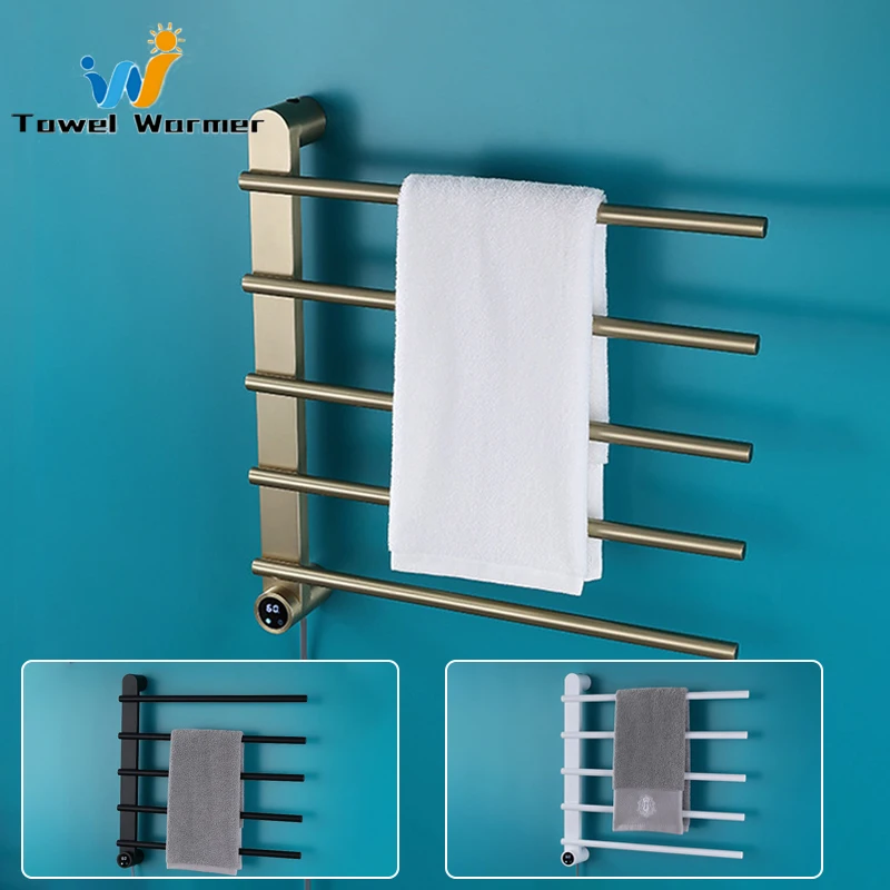 สีดํา/แปรงทองราวแขวนผ้าไฟฟ้าห้องน้ําสแตนเลสอุ่นชั้นวางผ้าขนหนูอุณหภูมิอัจฉริยะควบคุมเวลาผ้าขนหนูอุ่น 1