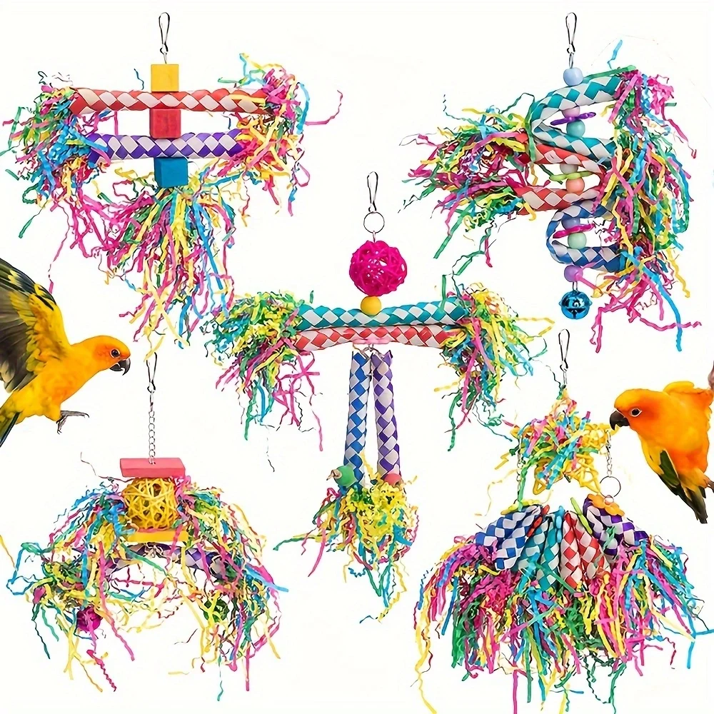 Highlights the variety and valueew 5-in-1 Parrot Chew Toys Set &ndash; Shreddable Foraging Toys, Finger Sleeves, Sichuan Pepper Wood,