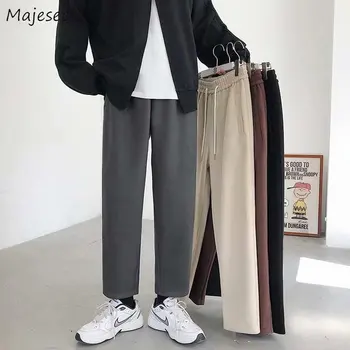 Thick Warm Casual Pants Men Couples Straight Trousers Simple Solid All-match Korean Fashion Elastic Waist Chic Cozy High Street 1