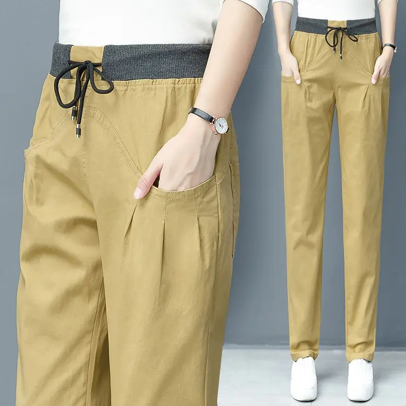 Spring Autumn Solid Color Elastic Waist Straight Pants Women High Street Casual Pocket Drawstring Pure Cotton All-match Trousers