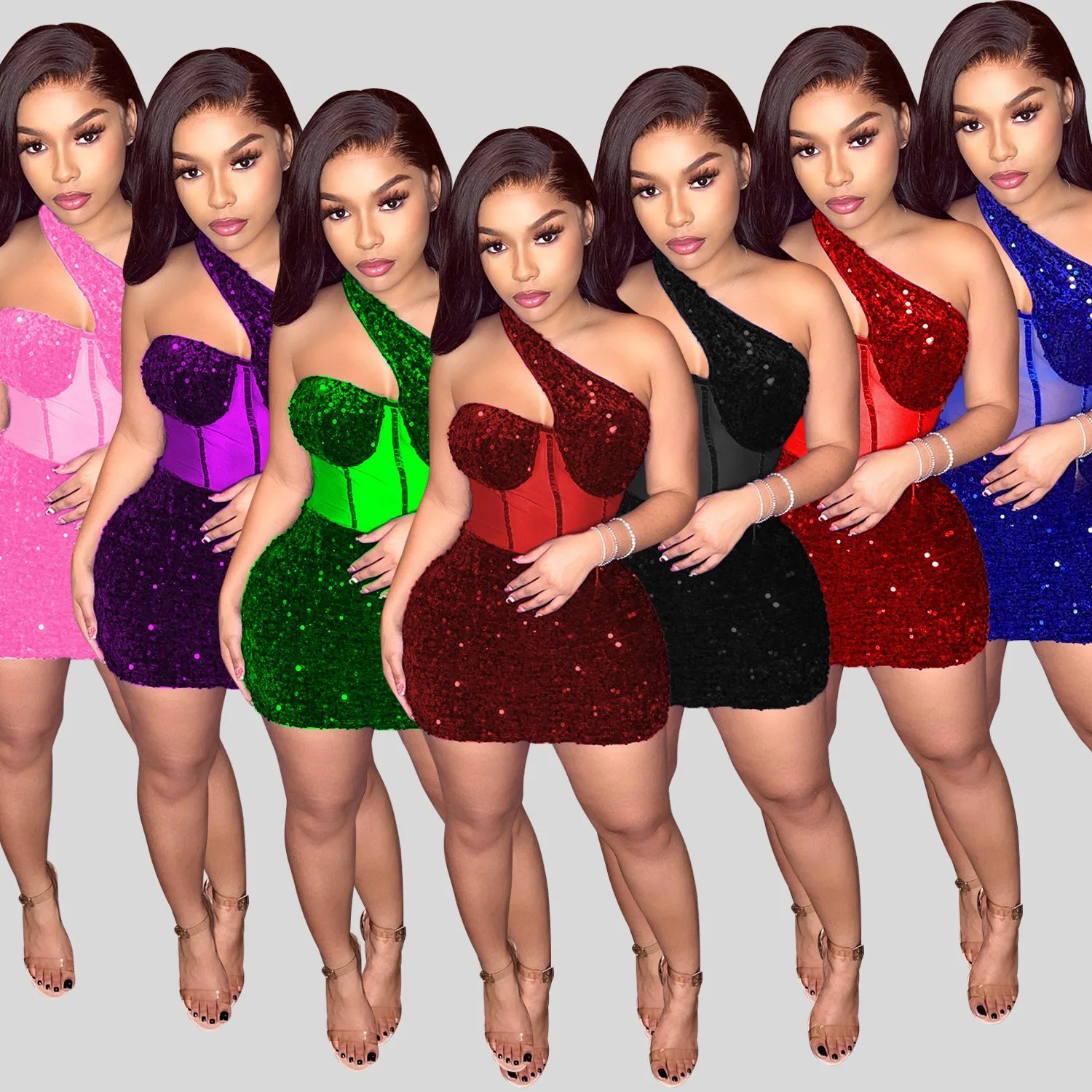 

SsTss Sequin Dress Women Elegant One Shoulder Sleeveless See Through Mesh Patchwork Sexy Night Out Party Mini Bodycon Dresses