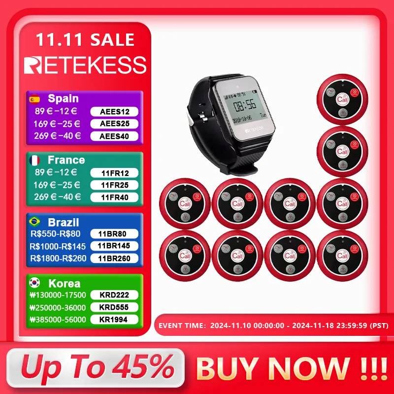 Retekess Wireless Calling System Restaurant Pager TD108 Waterproof Watch Receiver T117 Waiter Call Buttons For Hookah Cafe Bar