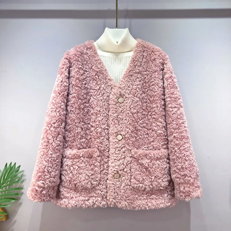 Autumn Winter Lamb Wool Coat Korean Fashion V-Neck Faux Fur Jacket Oversized Loose Single Breasted Fluffy Long Sleeve Outwear