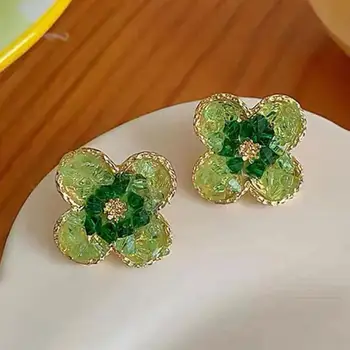 925 Silver Needle Korean Fashion Crystal Flower Earrings For Women Jewelry 2025 Trending Gradient Green Yellow Red Stud Earrings
