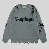 Torn Smooth Sweater Men Retro Ripped Hole Knitted Letter Plain Jumpers Men Streetwear Hip Hop Harajuku Punk Gothic Sweaters 1