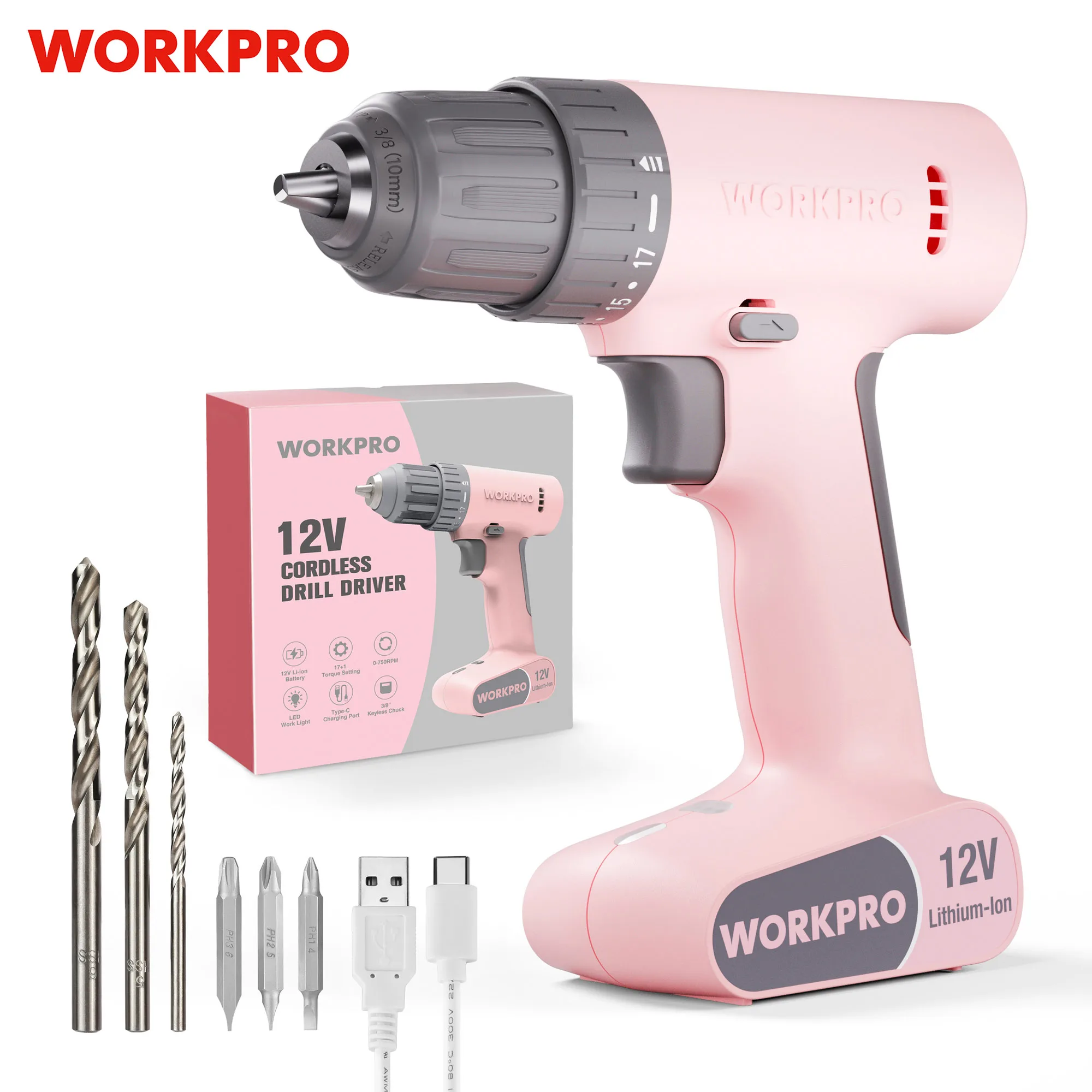 WORKPRO 무선 드릴 드라이버 세트, 12V, 핑크, 화이트, 17 + 1 기어 비틀림 조정, 전력 드릴 도구 키트