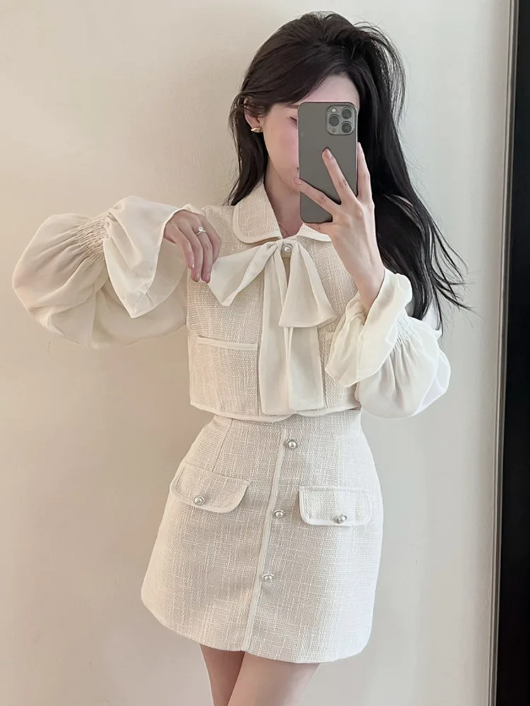 

New Fall Korean Sweet 2 Piece Set Women Bow Tie Patchwork Shirt Crop Top + High Waist Skirt Suits Small Fragrance Two Piece Sets