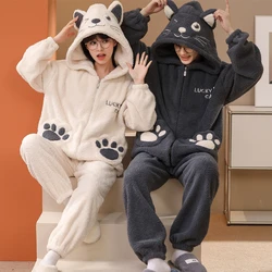 Couple Pajamas Sets Warm Thick Flannel Sleepwear Plush Winter Zipper Pajama Sets Cartoon Cat Hoodies Female Male Lovers Pyjamas