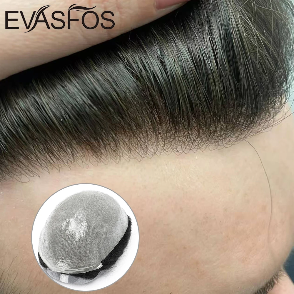 EVASFOS Men's Human Hair Wig Full PU Capillary Prosthesis European Transparent Toupee Man Replacement System human hair toupee