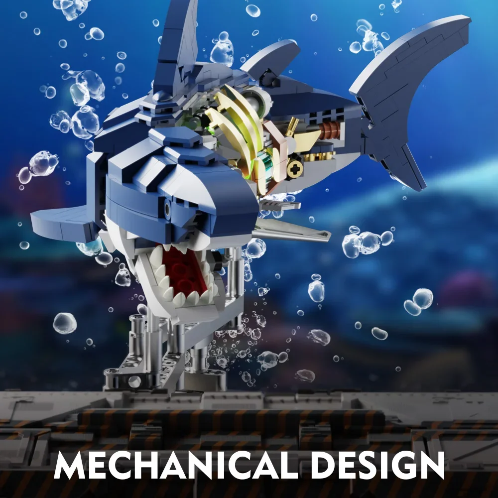 Mechanical Shark Building Set Shark Sea Life Building Blocks Set Display Stand Lights Block Gift Kids Adults building block toy,assemble toy