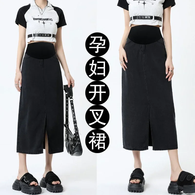 Front Splits Soft Breathable Lyocell Denim Skirts Cool Maternity Summer Dropping Adjustable Pencil for Pregnant Women Pregnancy