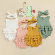 

0-18 Months Newborn Baby Girls Summer Sleeveless Solid Color Romper Toddler Plain Pleated Ruffle Crotch Snaps Bodysuits Headband