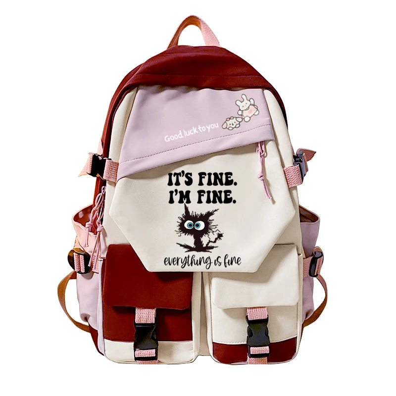 

Funny Cat Backpack Everything Is Fine Bookbag Fashion Korean Style School Bag for Boys Girls Mochila Students Rucksuck