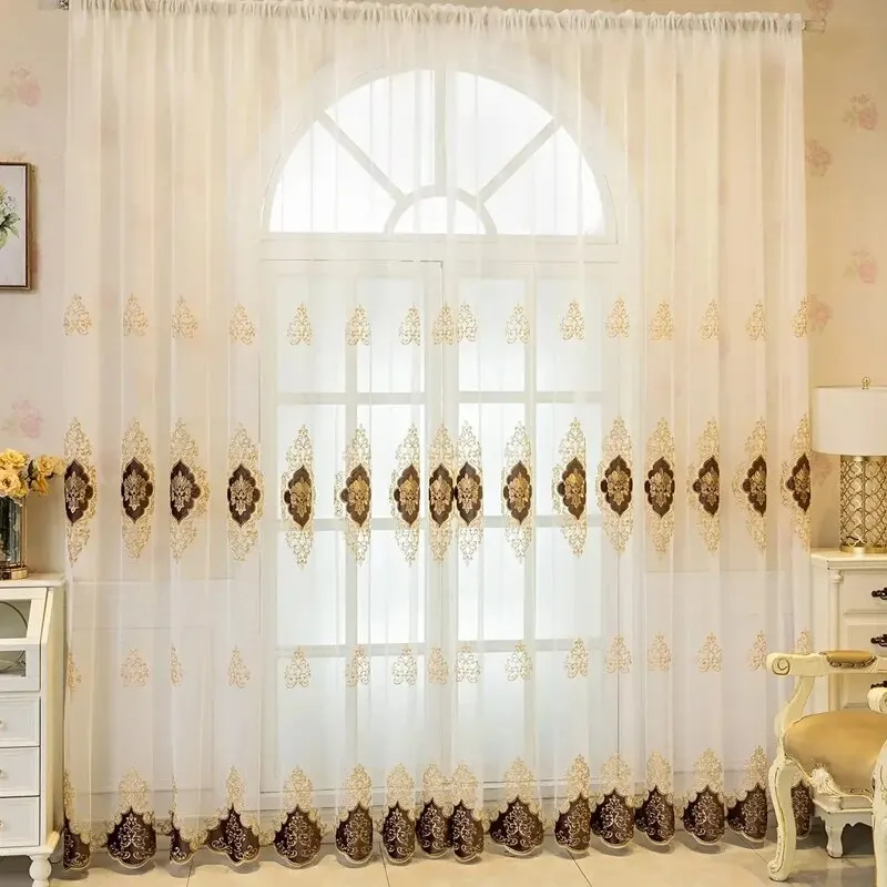 Elegant European Peony Embroidered Sheer Tulle Curtains