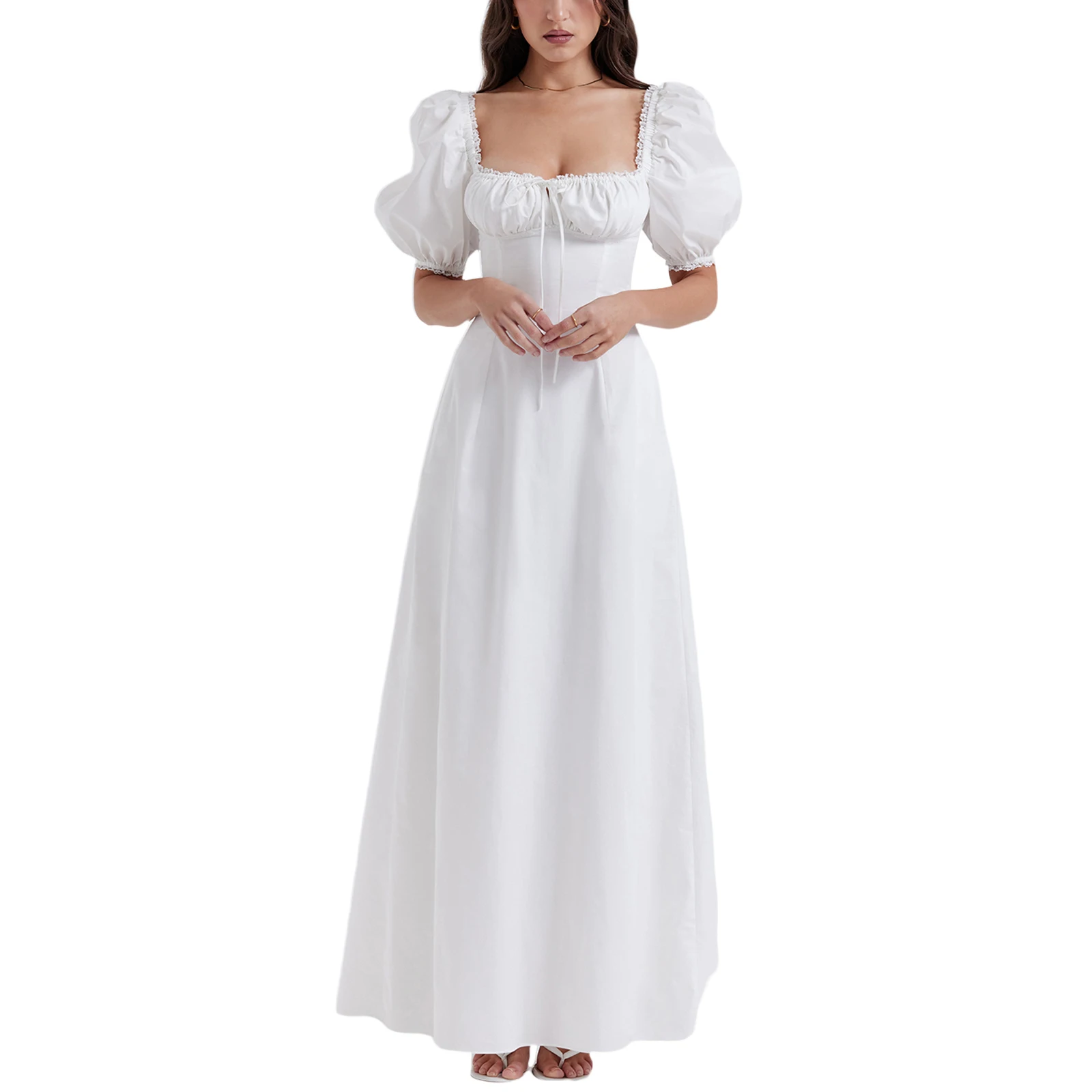 

Y2K Women Short Puff Sleeve Long Dress Square Neck Tie-up Lace Patchwork Floral Elegant Summer A Line Casual Vintage Beach Dress