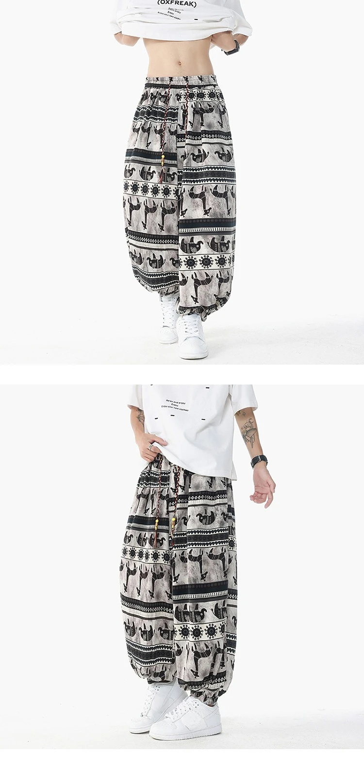 Holiday Style Printed High Waisted Drawstring Pants Ethnic Style Lantern Pants Men's Loose Casual Ice Silk Wide Leg Pants