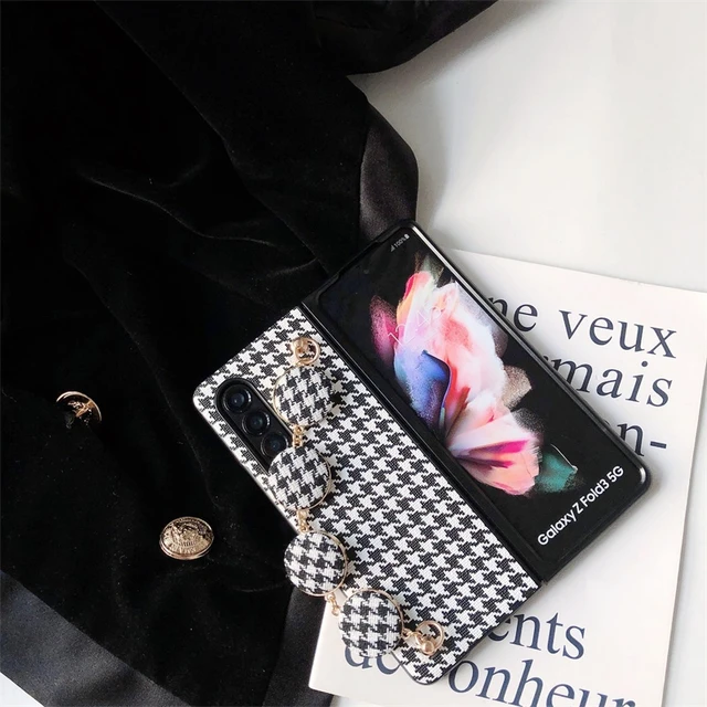3D Camellia PU Leather Houndstooth Pattern Phone Cover For Samsung Galaxy Z  Fold 5 4 3 2 Crossbody Lanyard Pearl Bracelet Case - AliExpress