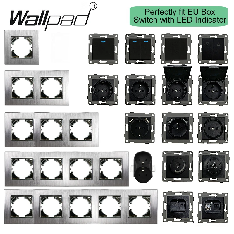 1 2 3 Gang Interruttore Di Ripristino Momentaneo Con Led Fai Da Te Grigio Argento Metallo Spazzolato Cornice 16A Eu Prese Francesi Usb Tv Data Cat6 Pr