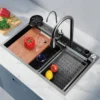Double Waterfall Kitchen Sink Modern LED Display Kitchen Sink with Flexible Tap Smart Stainless Steel Sink with Accessories 1