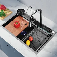 Double Waterfall Kitchen Sink Modern LED Display Kitchen Sink with Flexible Tap Smart Stainless Steel Sink with Accessories 1