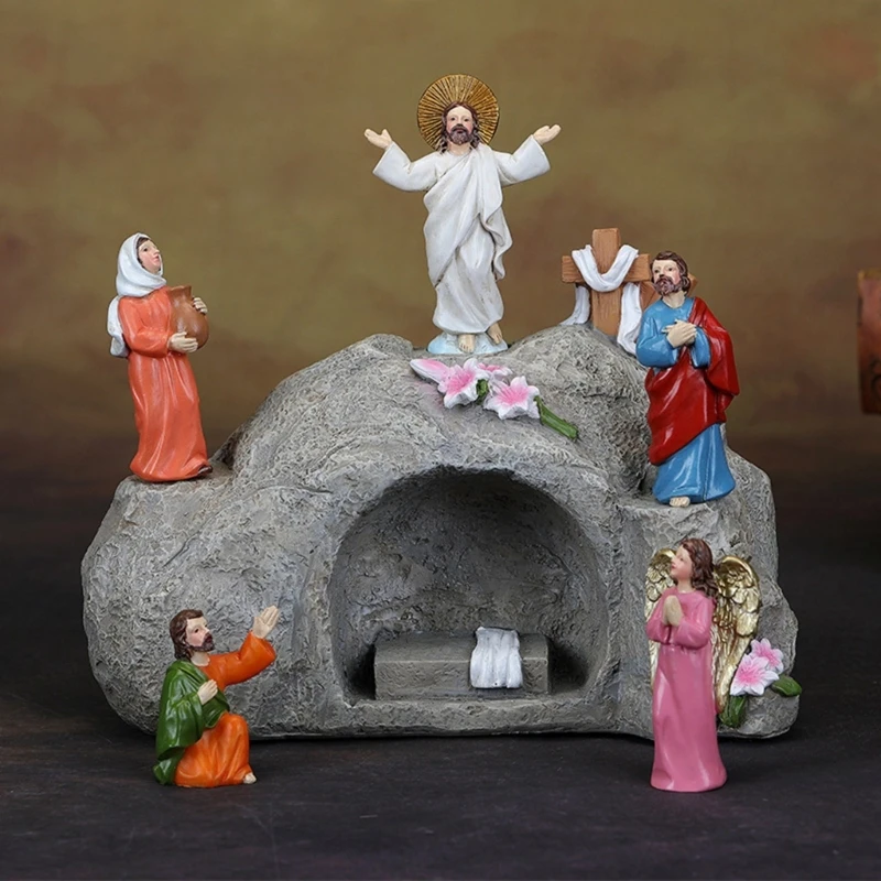 LED Lighted Resurrection Scene Figurines Set for Home Ornamentation Easters Scene Resins Statues Ornaments for Tabletop