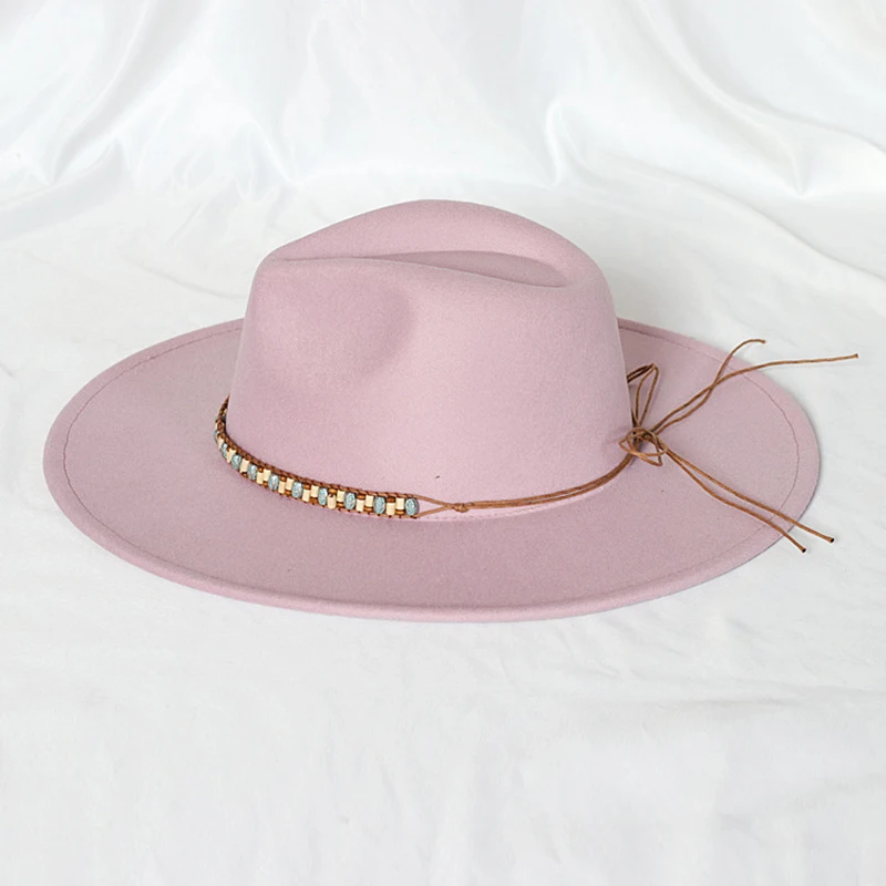 

Women Pink Felt Hat Fedoras 9.5cm Big Brim Hats Wooden Beads Decoration Vintage Church Hats Lady Flat Brim Jazz cap
