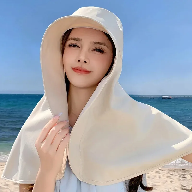 Summer Women Cap Outdoor Uv Anti Neck Protection Sun Visors Hat Fishing Hiking Big Brim Shawl Sunscreen Ponytail Cap Solid Color 2