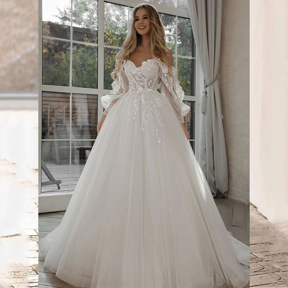 grace kelly wedding dress Boho A Line Wedding Dresses Puff Sleeves Off Shoulder Lace Appliqués Bridal Gowns V Neck Lace Up 2022 Spring Vestidos de Novia bridal dresses Wedding Dresses